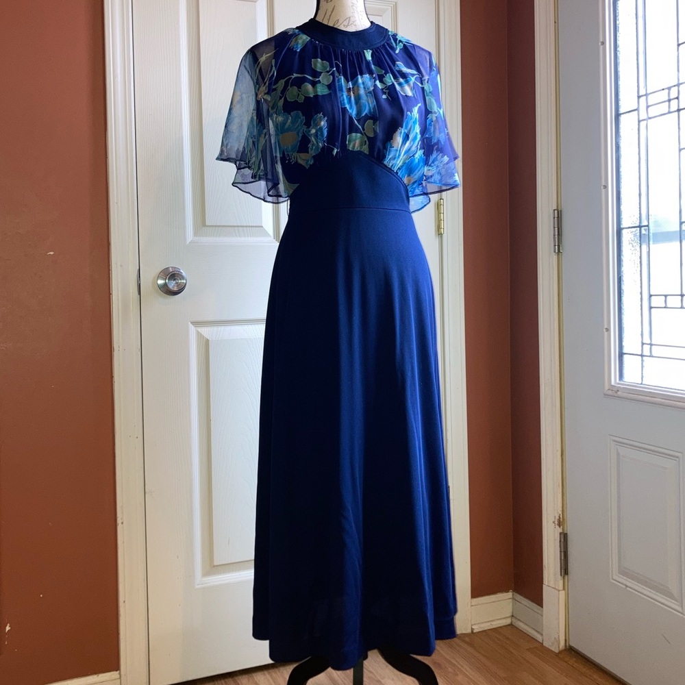 Vintage 70s Flutter Sleeve High Neckline Maxi Dress Floral Navy Formal Wedding - Picture 2 of 9